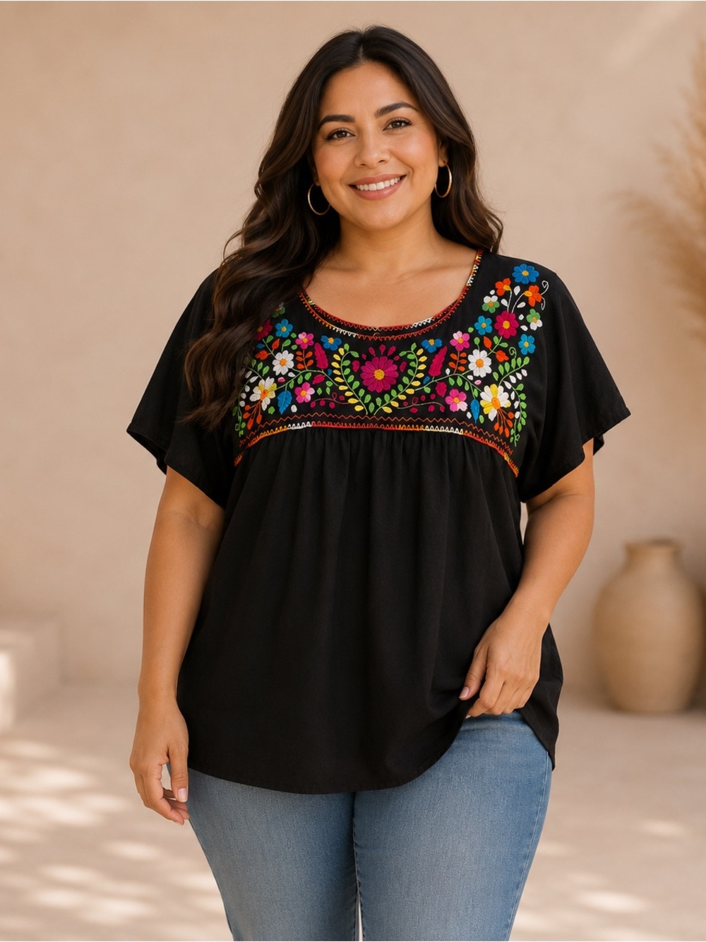 Handmade Floral Embroidered Mexican Peasant Black Blouse Top Sz M/L